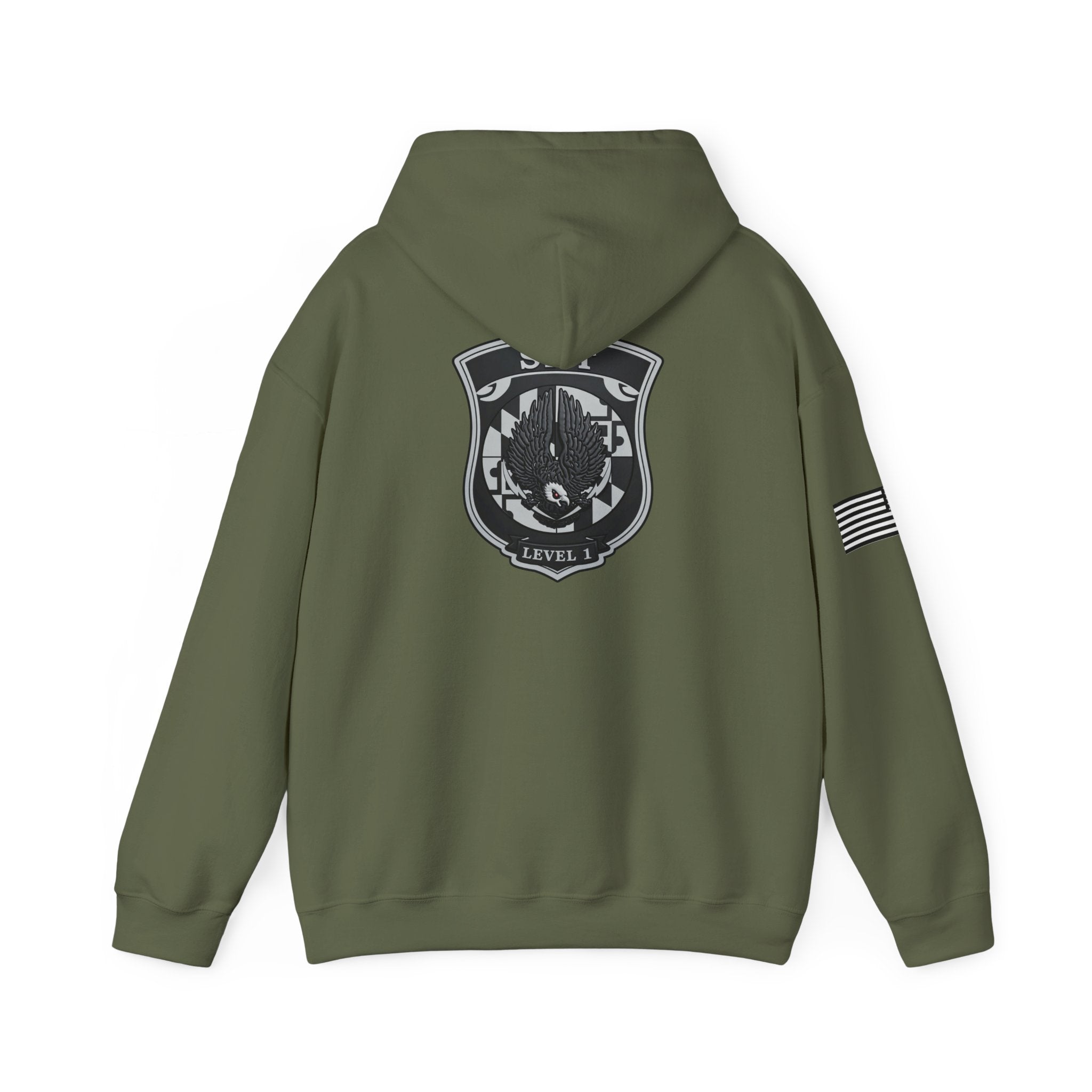 SRT Hoodie 1 – Tactical Badge Back Print with Sleeve Flag