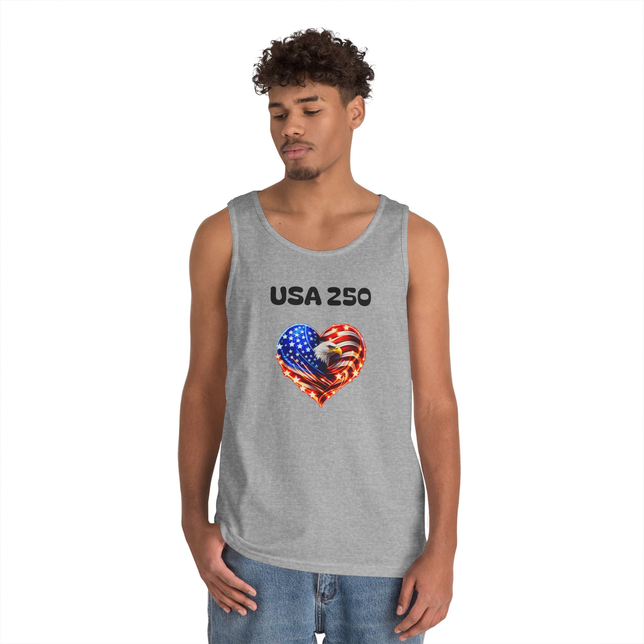 USA 250 Heart Tank Top — Patriotic American Flag Sleeveless Shirt