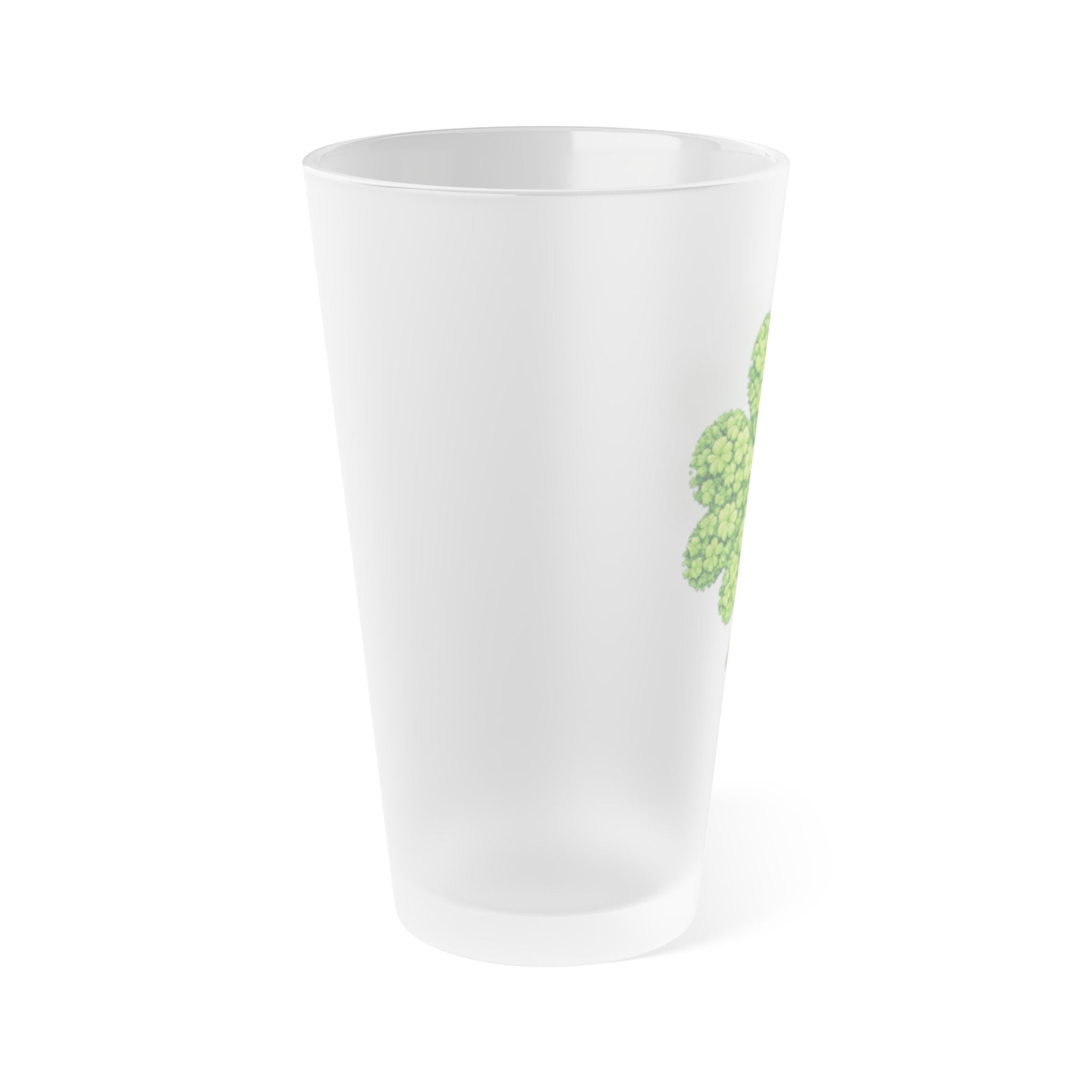 Frosted 16oz Pint Glass with Green Shamrock Clover — St. Patrick’s Day Beer Glass
