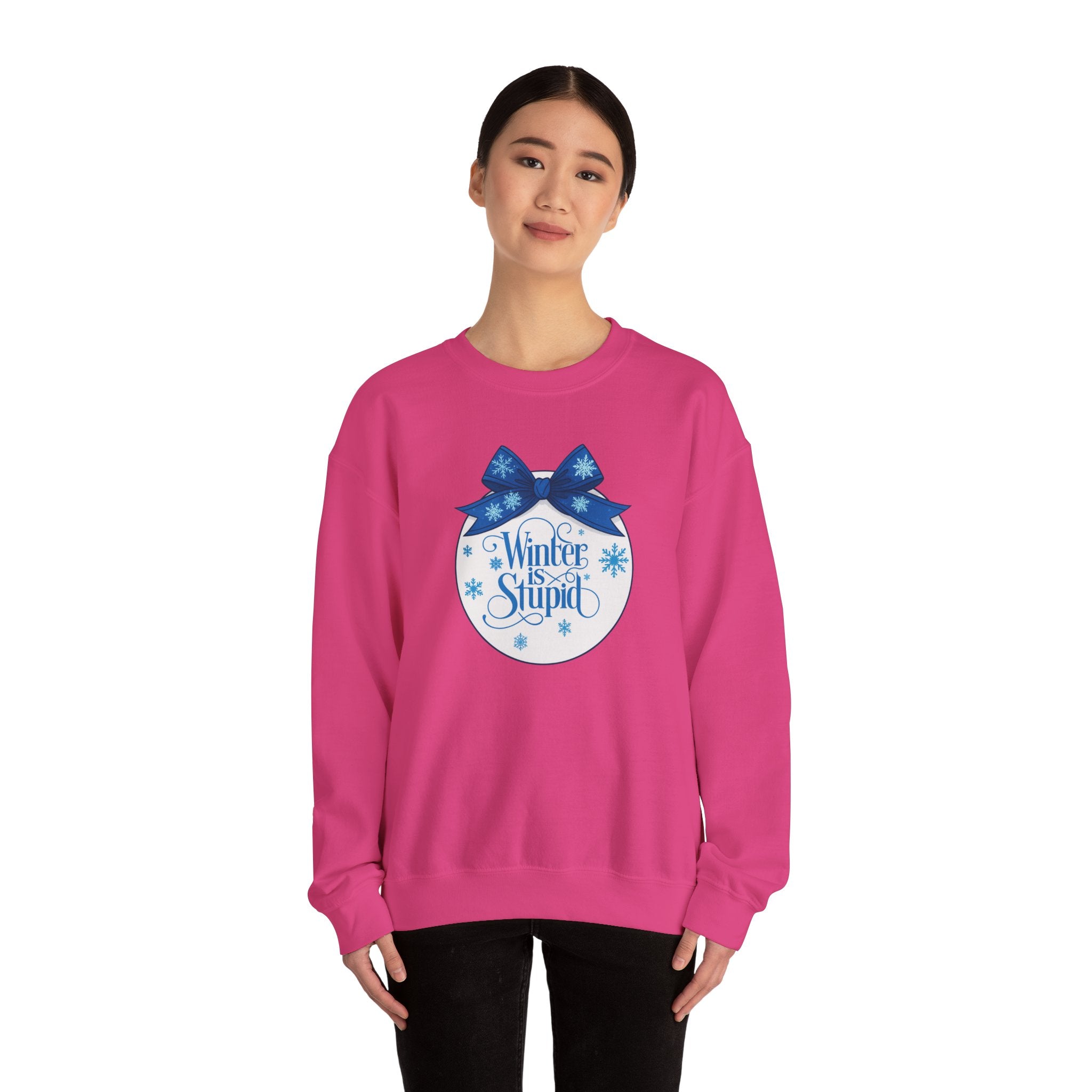 Winter Is Stupid Sweatshirt — Funny Holiday Crewneck with Blue Snowflake Ornament