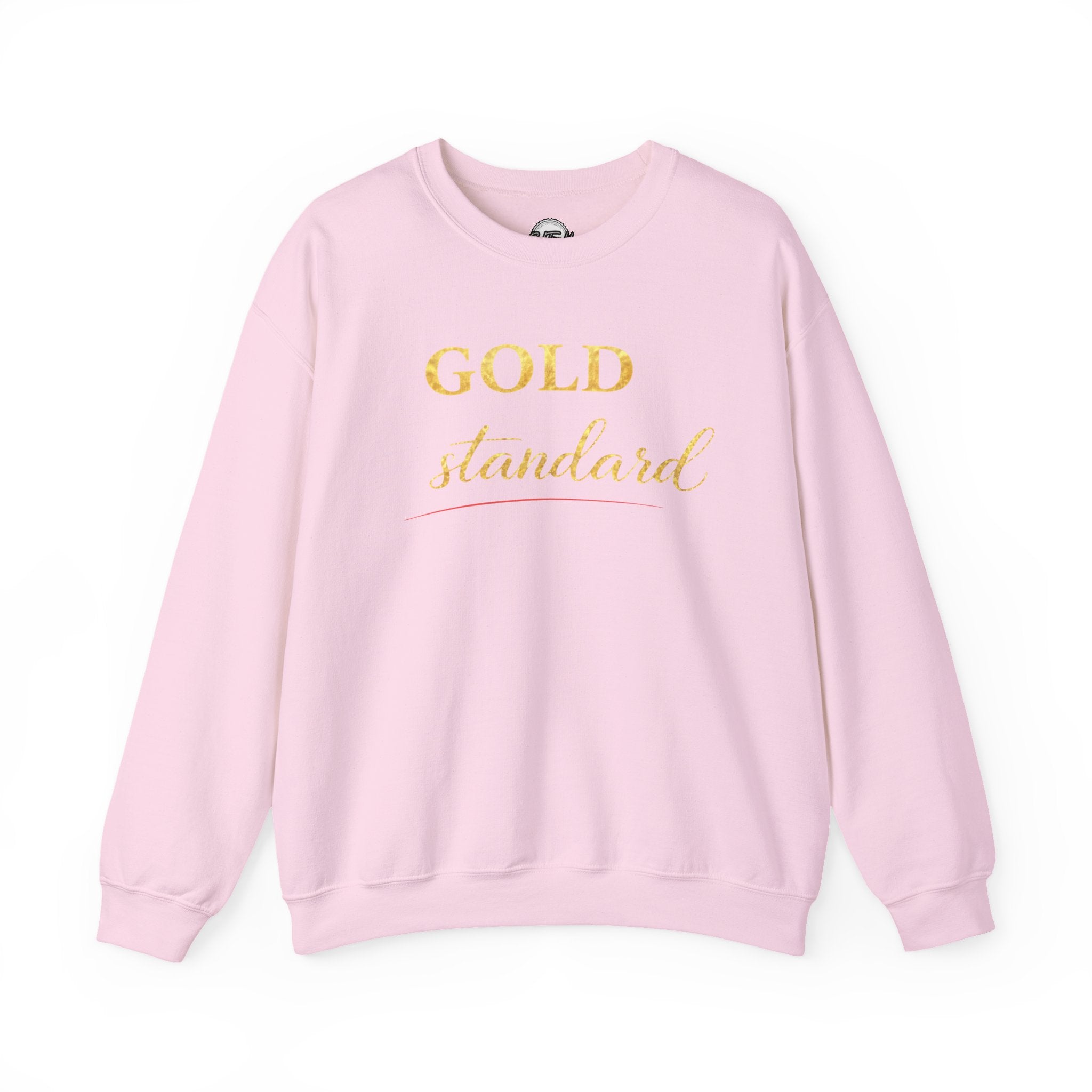 Gold Standard Crewneck Sweatshirt — White Cozy Pullover with Gold Script