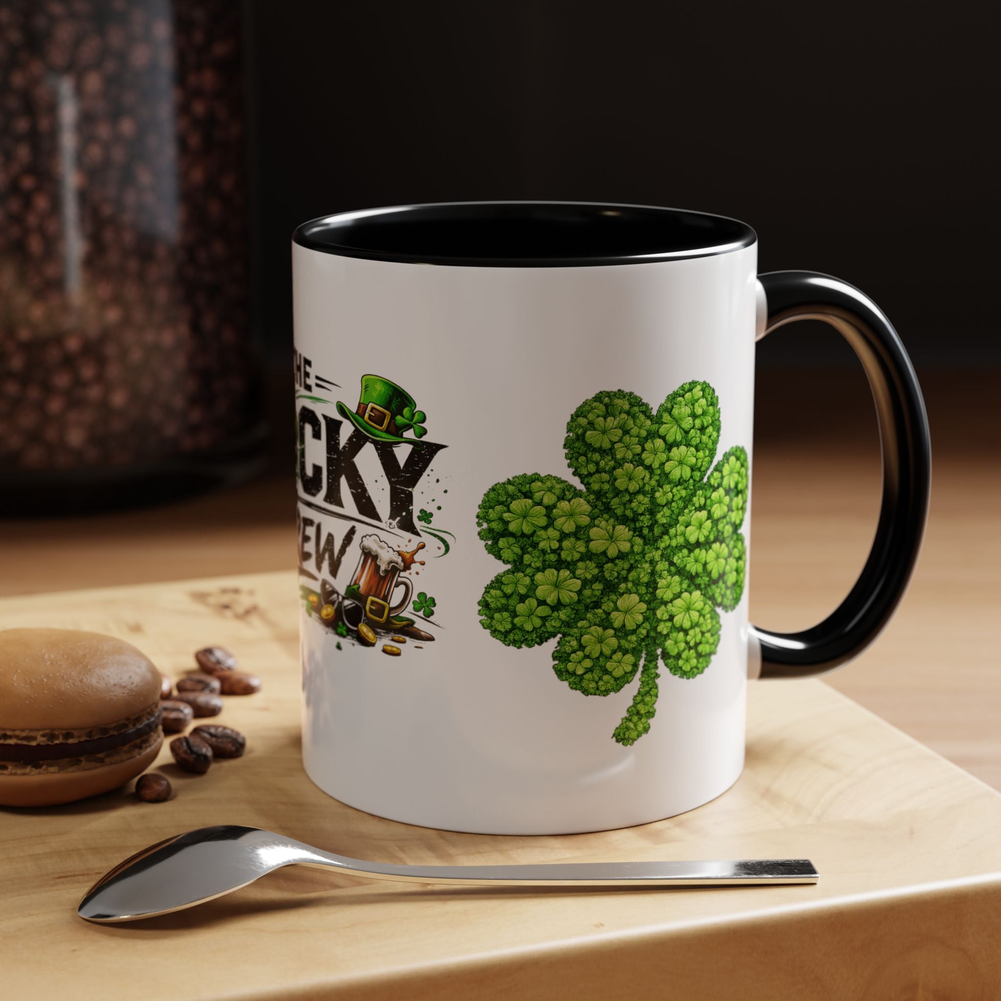 St. Patrick's 'The Lucky Crew' Accent Coffee Mug – Clover & Beer Shamrock Design (11/15 oz)
