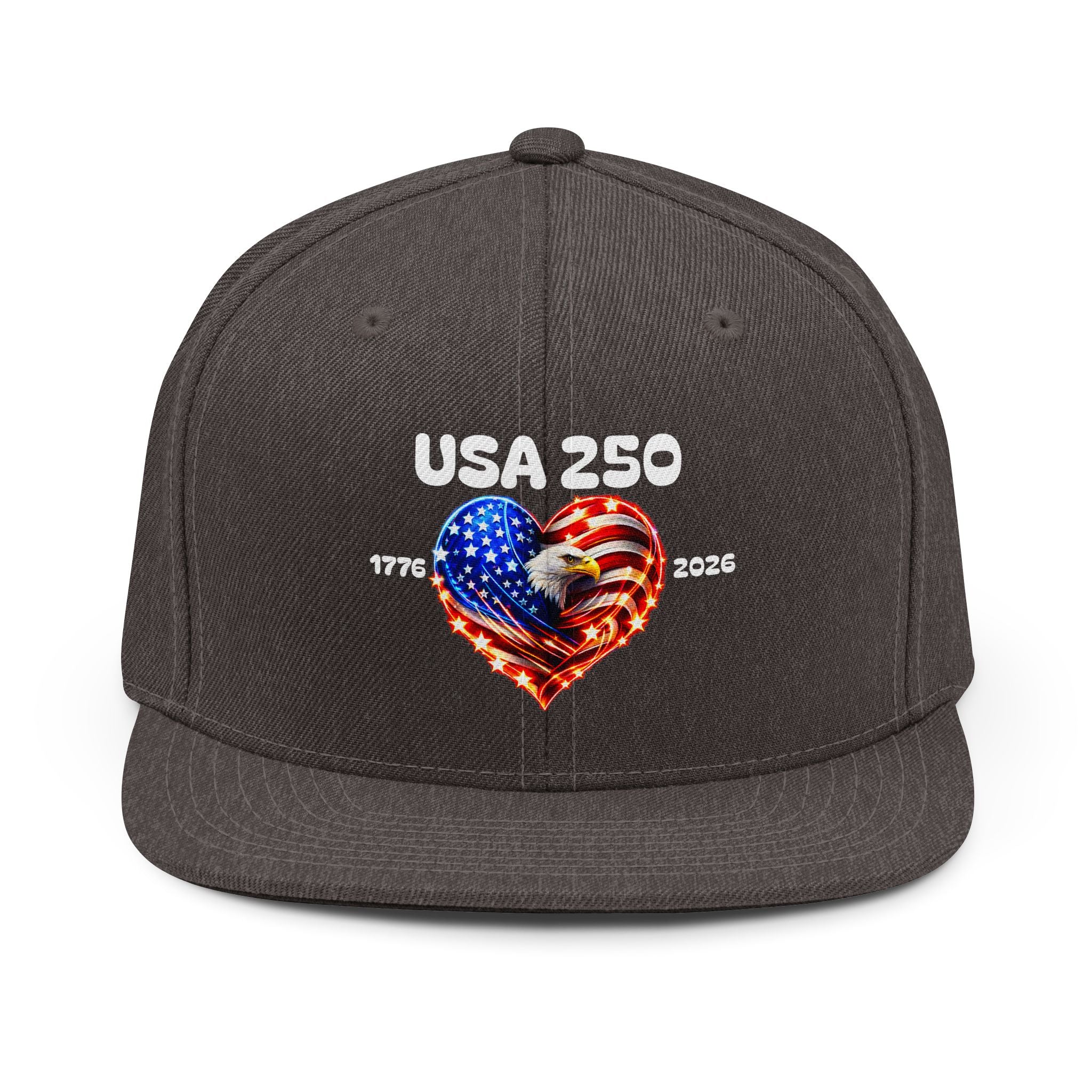 USA 250 Snapback Hat — Patriotic American Flag Heart 1776–2026 Baseball Cap