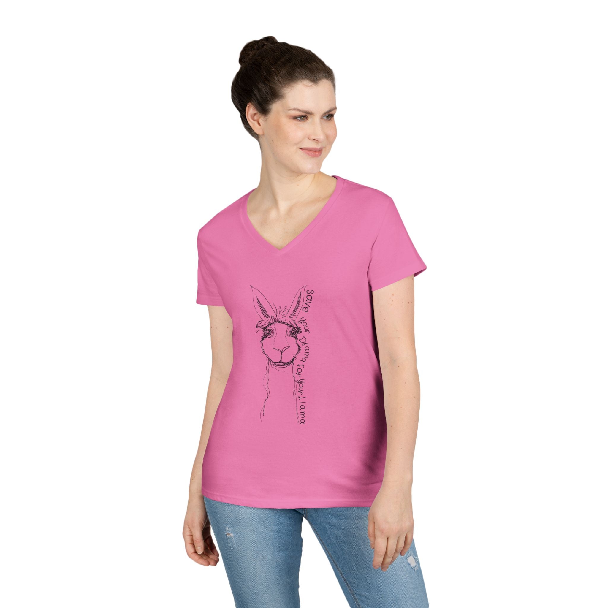 Llama Love V-Neck T-Shirt, Funny Animal Graphic Tee, Casual Outing Top, Gift for Animal Lovers, Unique Birthday Present, Cute Summer Apparel