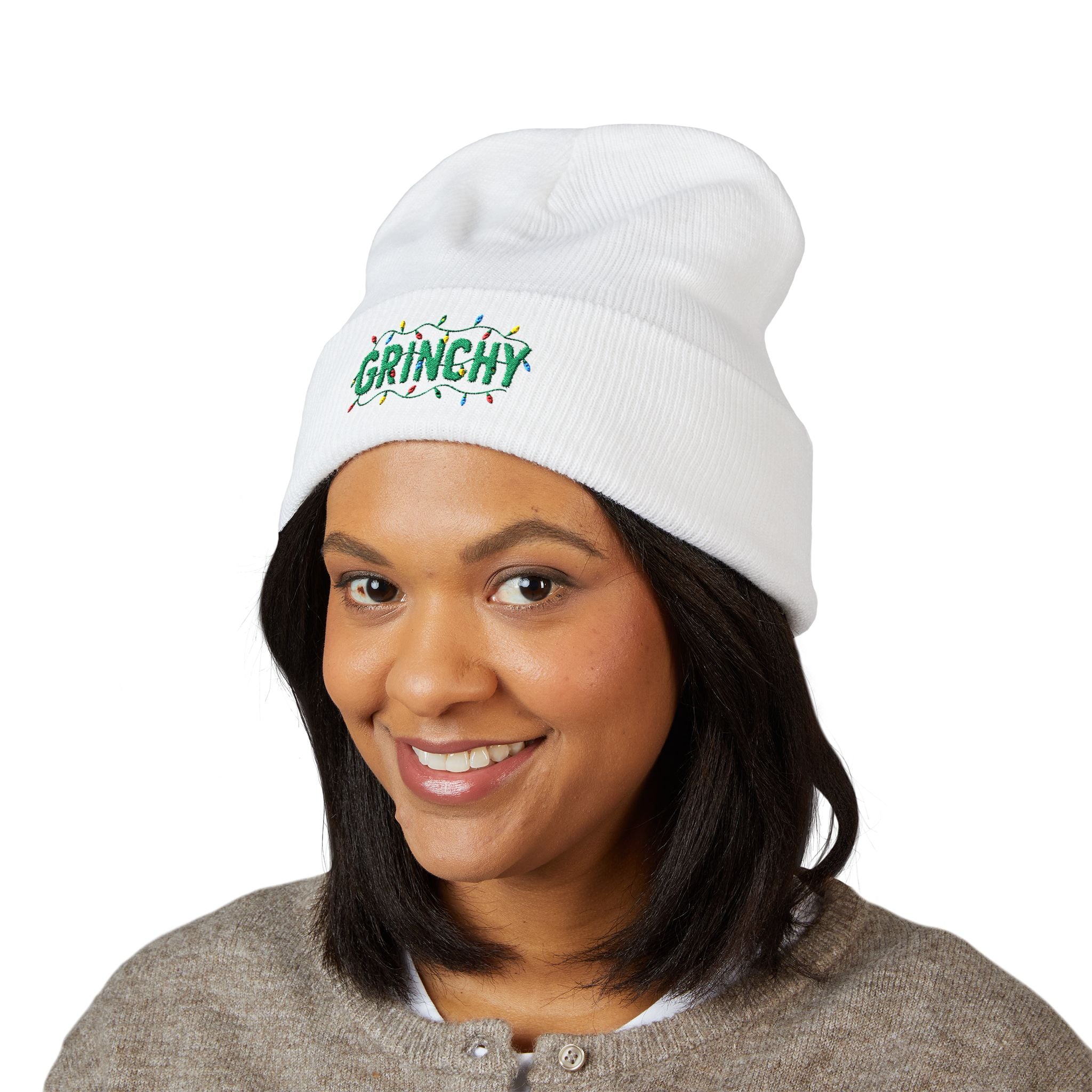 Grinchy Embroidered Cuffed Beanie — Holiday Christmas Knit Hat