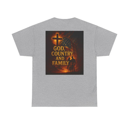 Patriotic Unisex Heavy Cotton Tee - God Country Family, Independence Day Shirt, Veteran Gift, Family Gathering Tee, Fourth of July Clothing