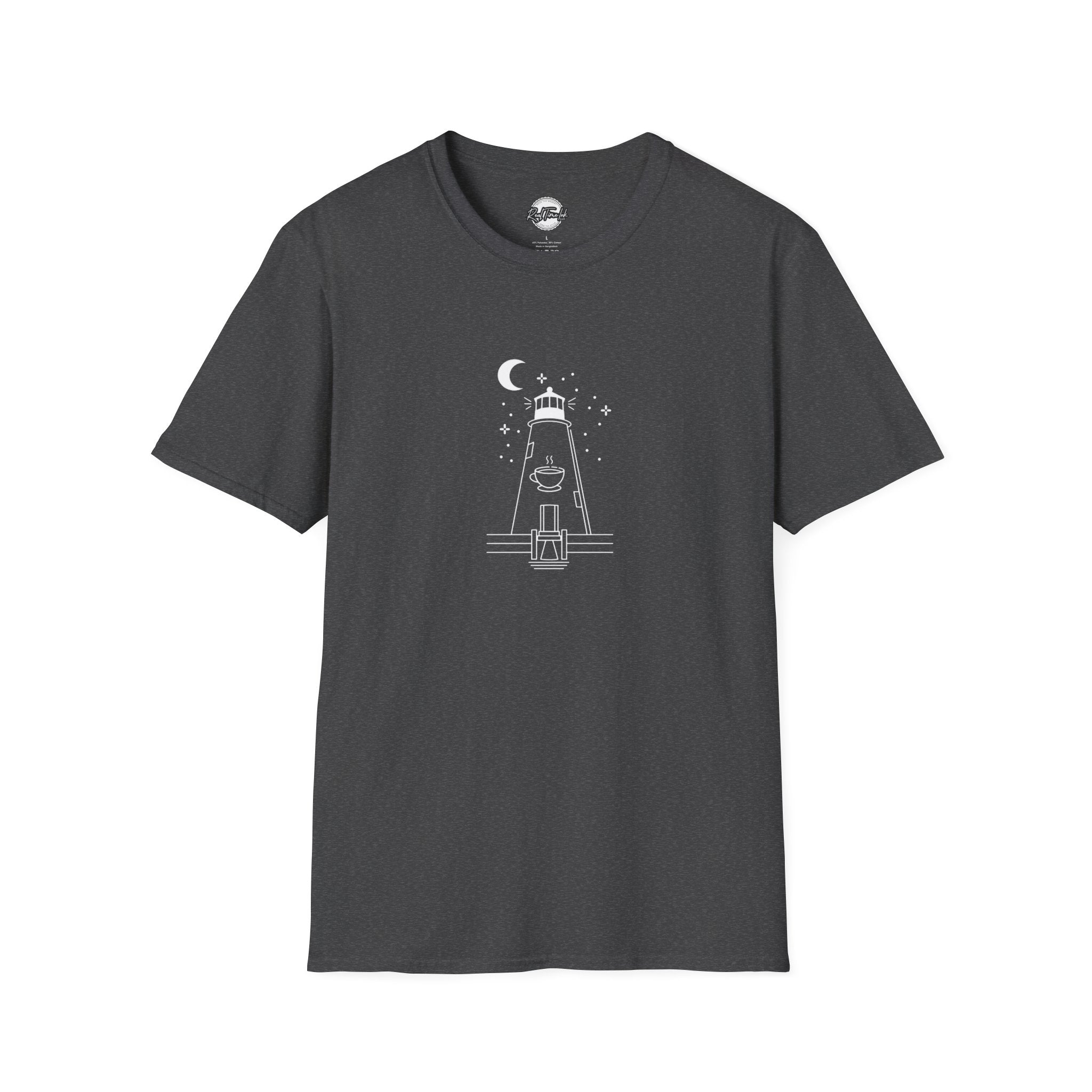 Concord Point Coffee T-Shirt — Minimalist Lighthouse Night Scene Graphic Tee