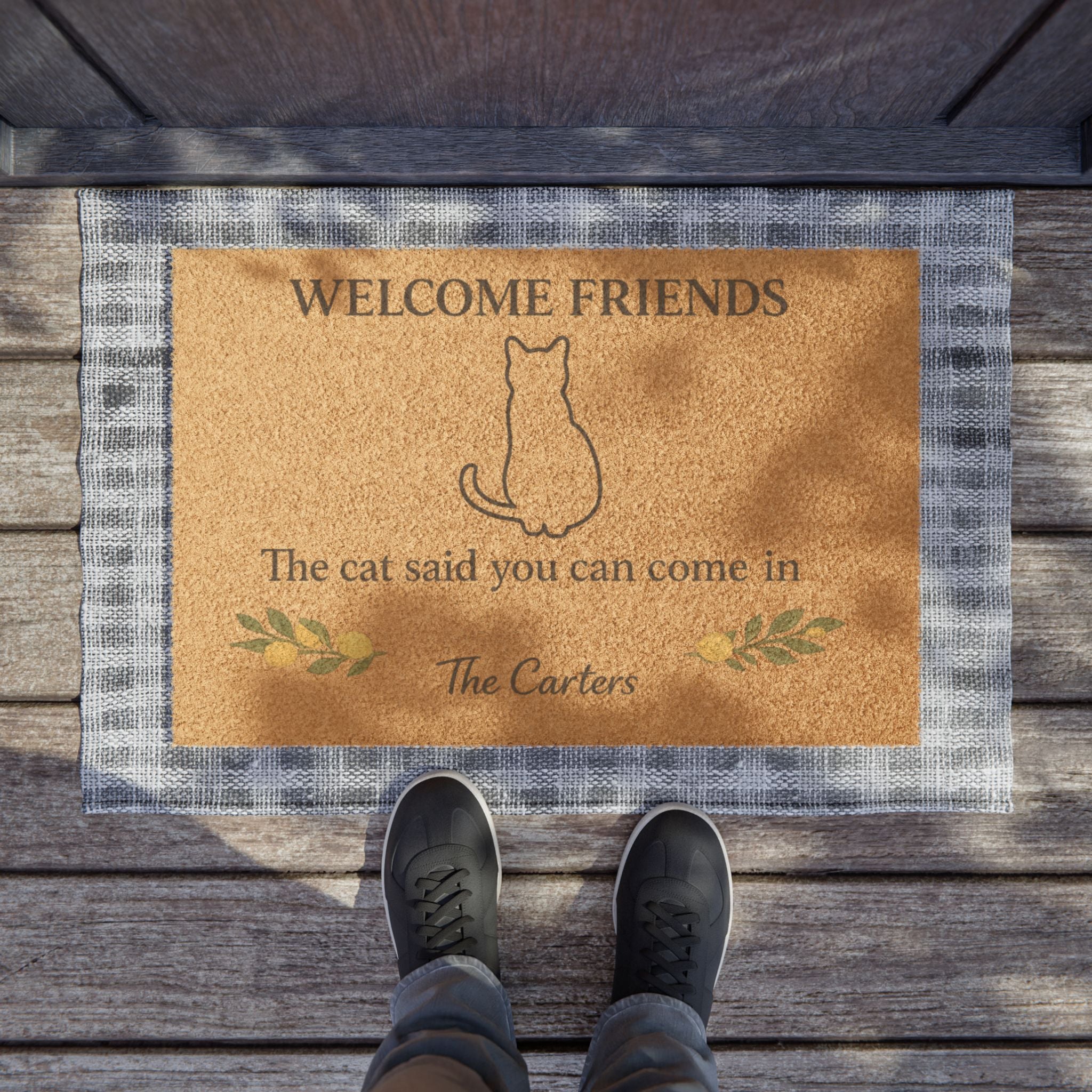 Welcome Friends Cat Doormat — Personalized Rustic Welcome Mat with Cat Silhouette