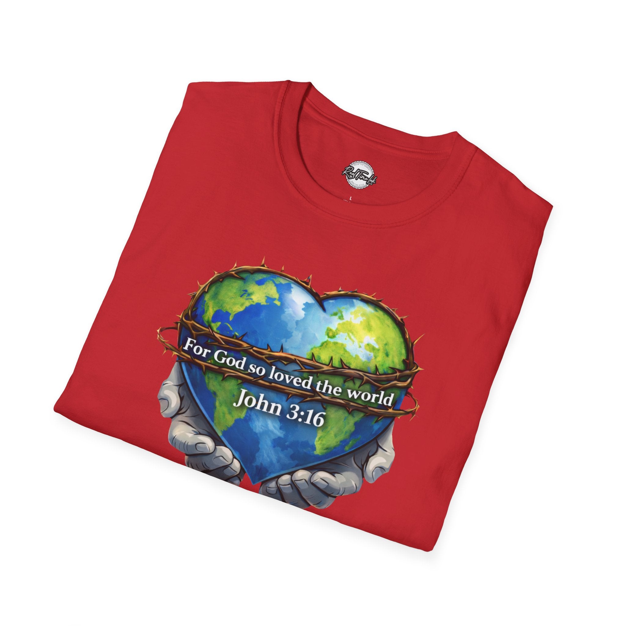John 3:16 Heart Globe Christian T-Shirt — "For God so loved the world" Faith Tee