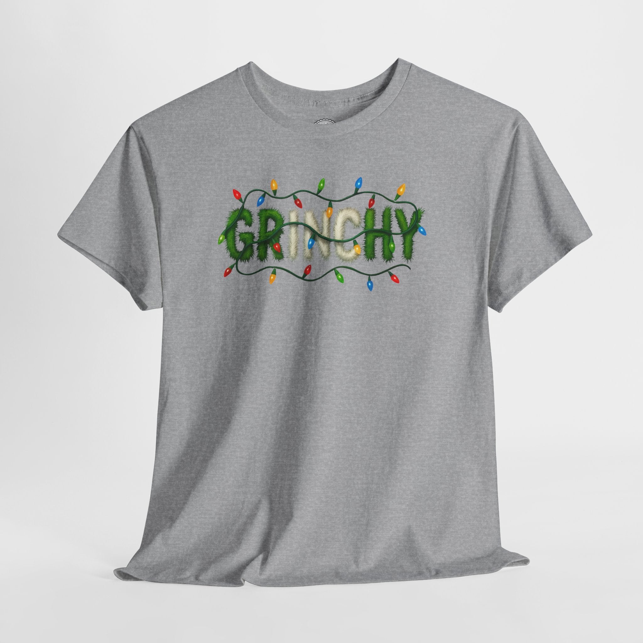 Grinchy Christmas Tee — 'Grinchy' Text with Holiday Lights