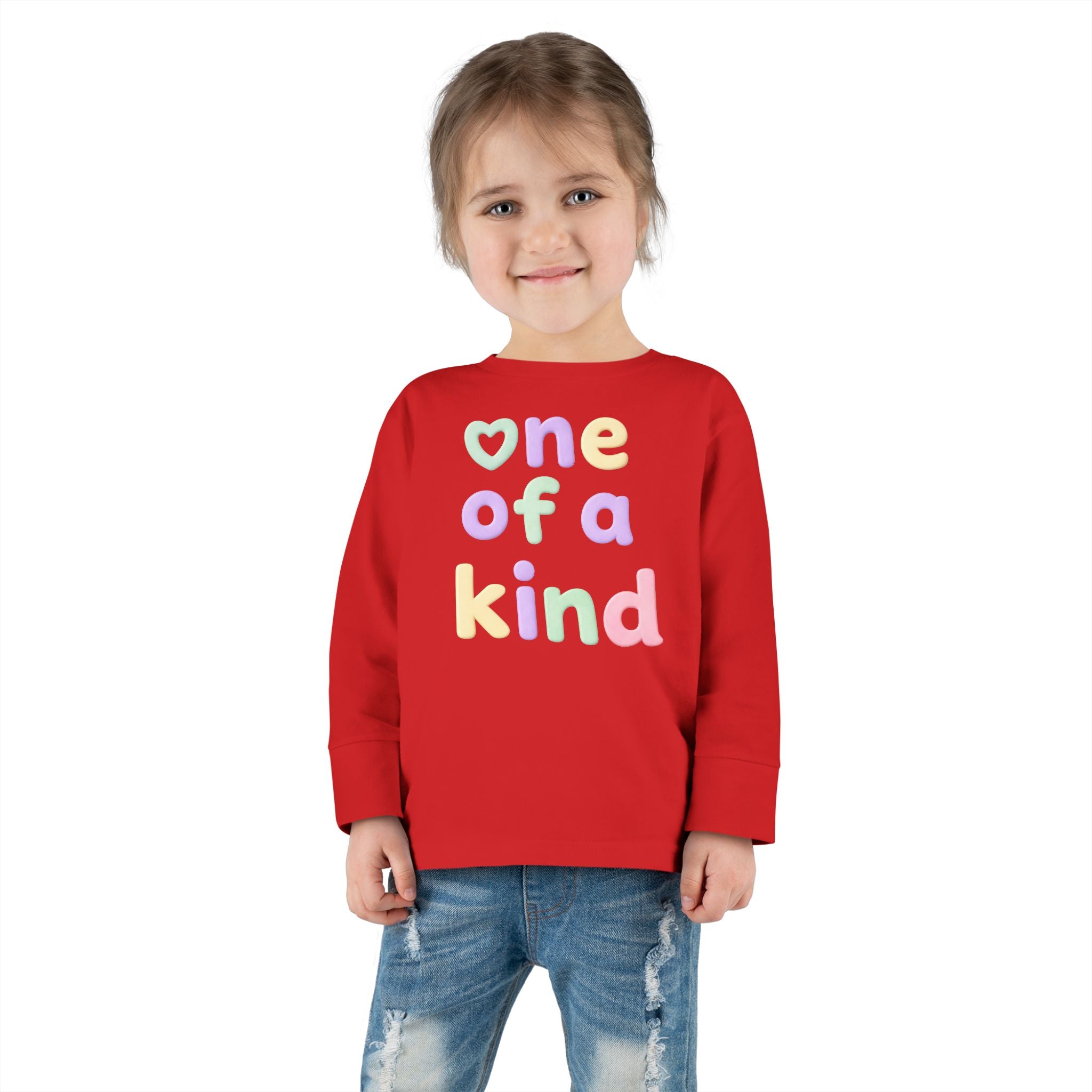 Toddler Long Sleeve Tee — "One of a Kind" Pastel Heart Graphic